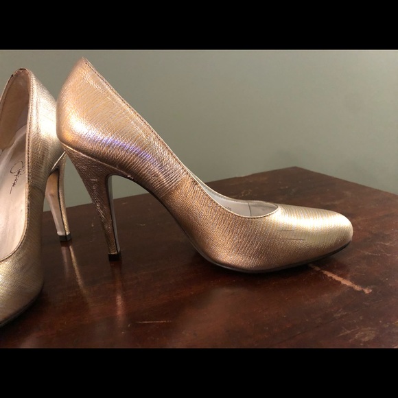 Jessica Simpson Gold Silver Metallic Shimmer Genuine Leather Round Heels Shoes - Picture 4 of 7